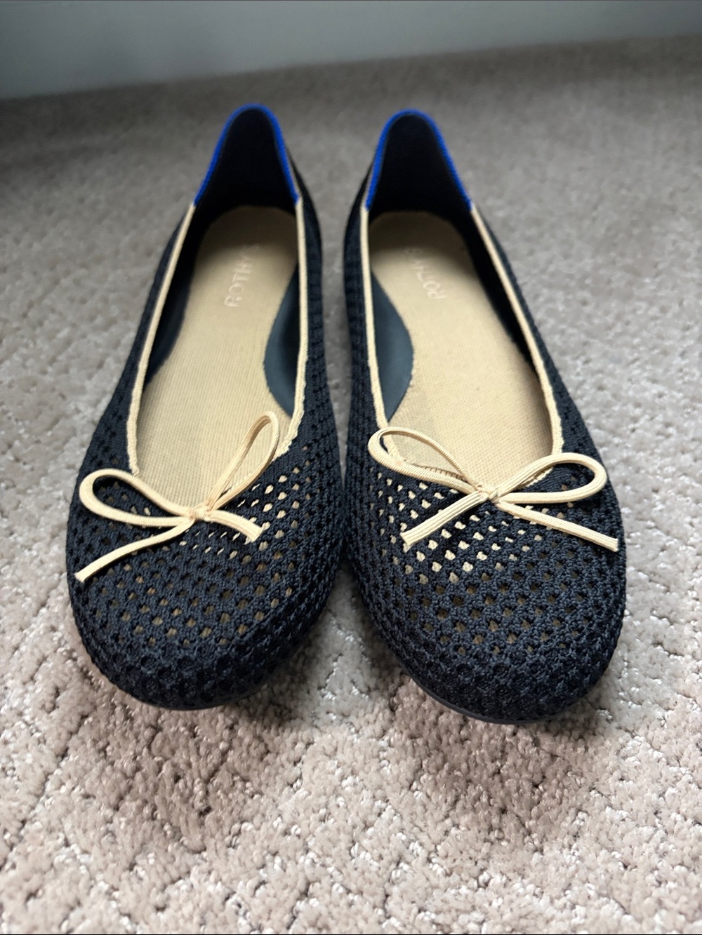 Rothy's Black Knit Ballet Flats with Cream Bow